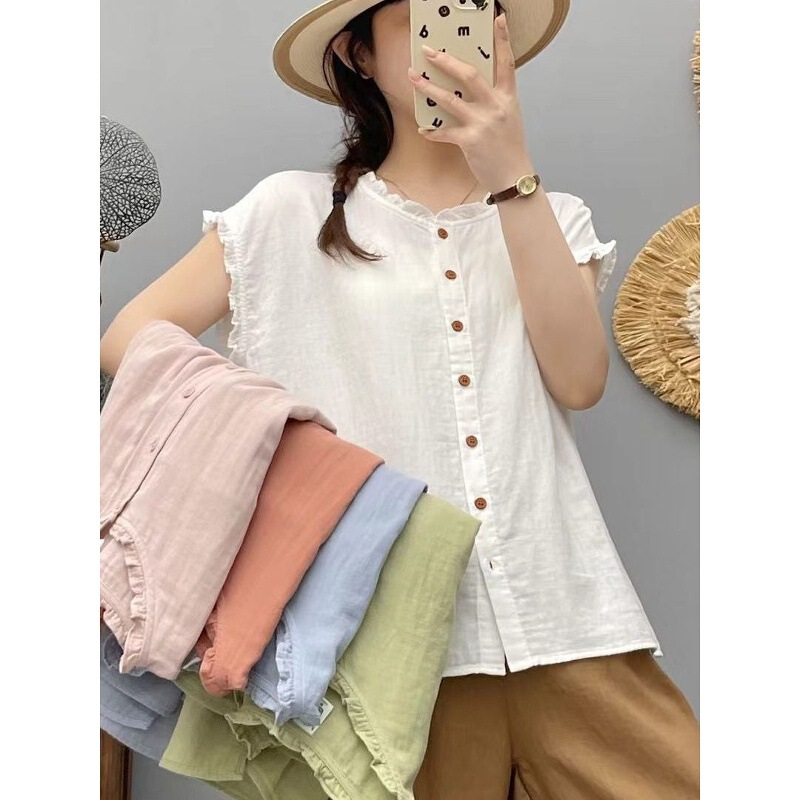 Artistic Lace Ruffle Collar Solid Color Double-Layer Cotton Gauze Shirt for Women, Loose Casual Versatile Small Flutter Sleeve Top 66137