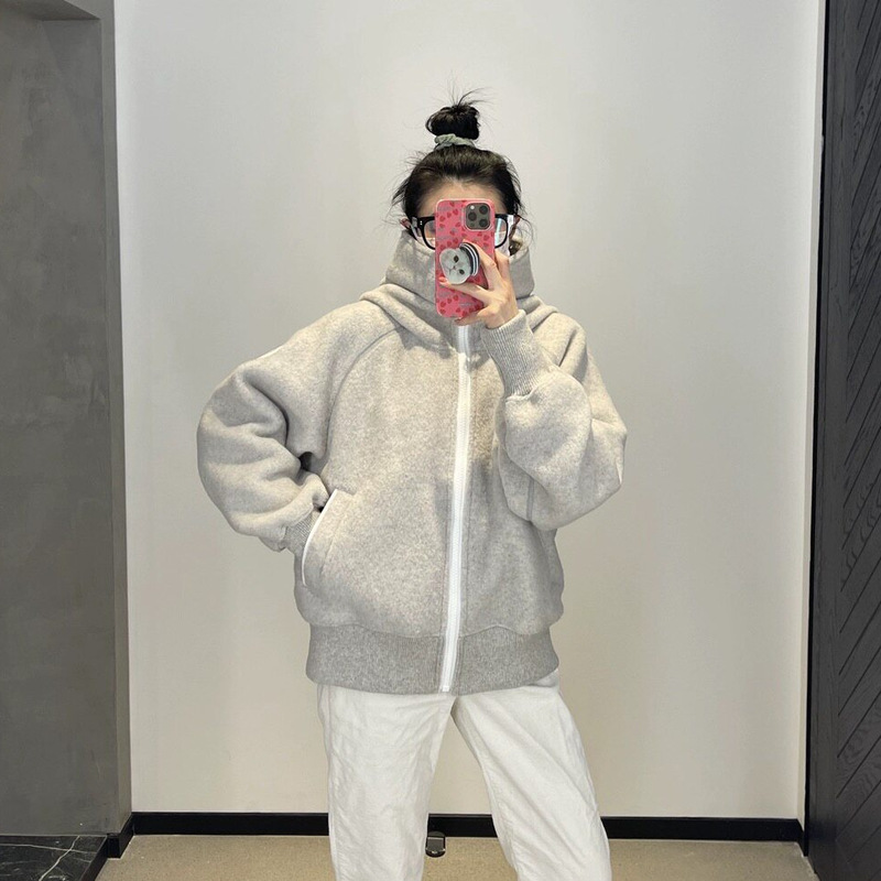 Big Goose 100% Wool] Lamb Fleece Bomber Jacket Short Coat Women's Double-Sided Hooded Sweatshirt Trendy