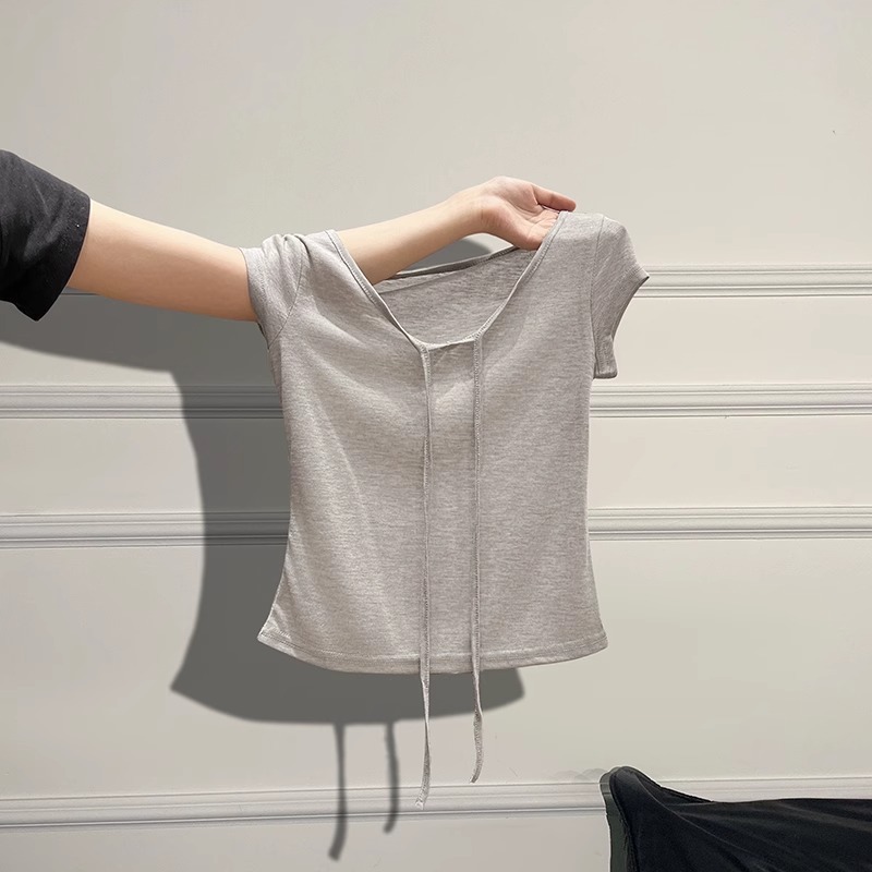 薄いデザインのレースアップUネック右肩半袖Tシャツ女性用2025夏新作ウエスト痩身気質トップ|undefined