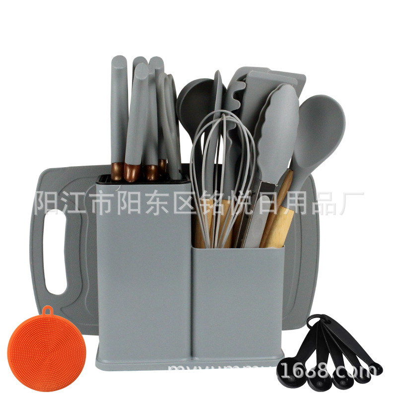 Cuchara de silicona con mango de madera, juego de utensilios de cocina, combinación de cuchillos, cuchara resistente a altas temperaturas, sartén antiadherente, cubo de almacenamiento, juego de 25 piezas para el hogar