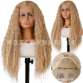 外贸现货Blonde金色Kinky前蕾丝13*4化纤头套高温丝假发长小卷发