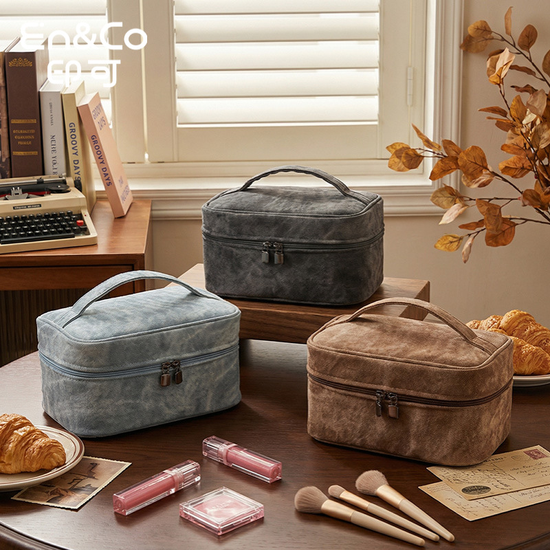 Nueva bolsa de cosméticos con patrón de mezclilla de doble capa, bolsa de almacenamiento portátil de viaje, bolsa de lavado simple y práctica, bolsa de cosméticos, gran capacidad