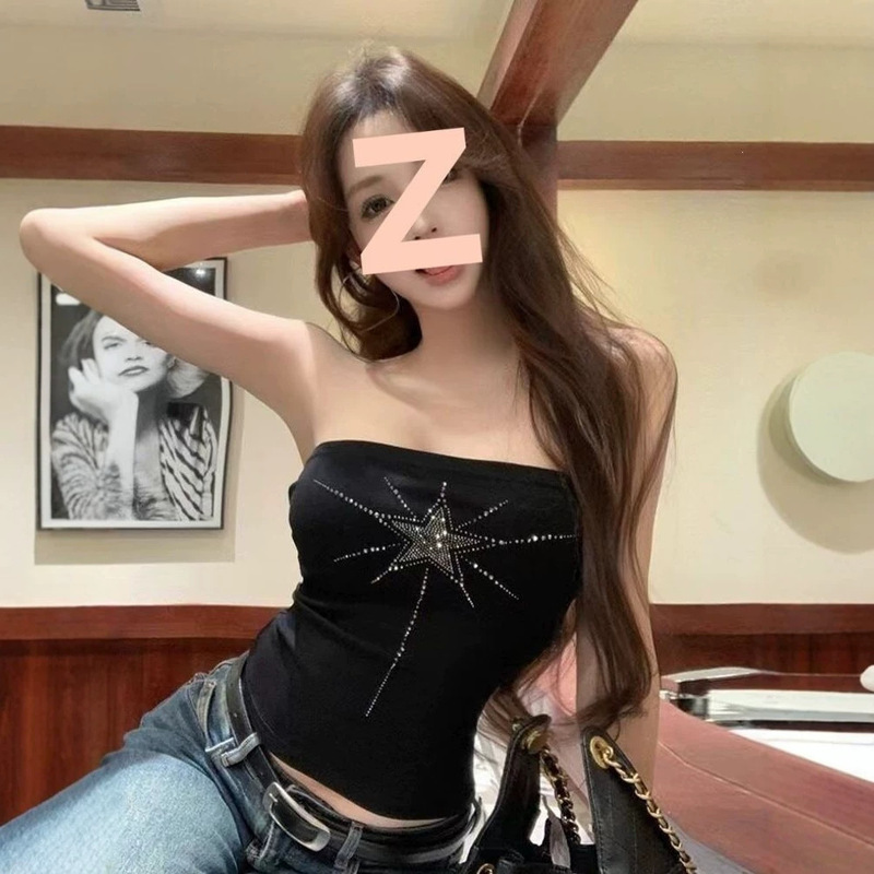 American-Style Spicy Retro Tube Top for Women, Embellished with Rhinestones, Summer Outerwear, Black Slim-Fit Short Top