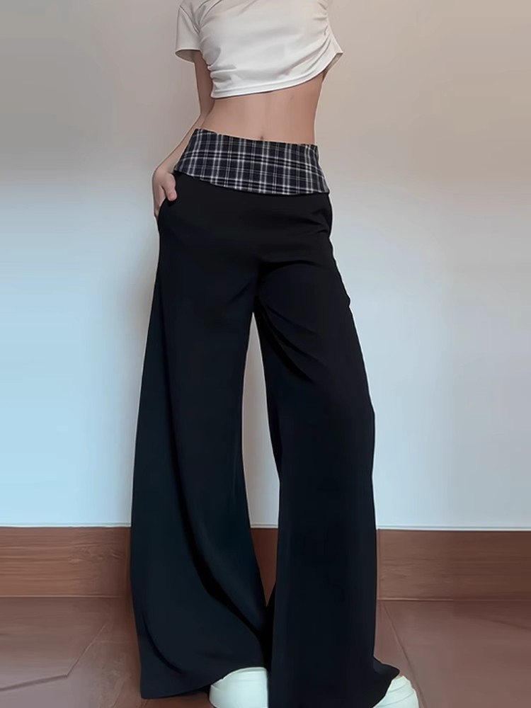 Women's Early Spring Design-Sensitive Slimming Straight Leg Floor-Length Casual Pants with American Black Check Patterned Mid-Waist Drape Suit Trousers