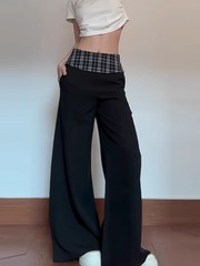 Women's Early Spring Design-Sensitive Slimming Straight Leg Floor-Length Casual Pants with American Black Check Patterned Mid-Waist Drape Suit Trousers