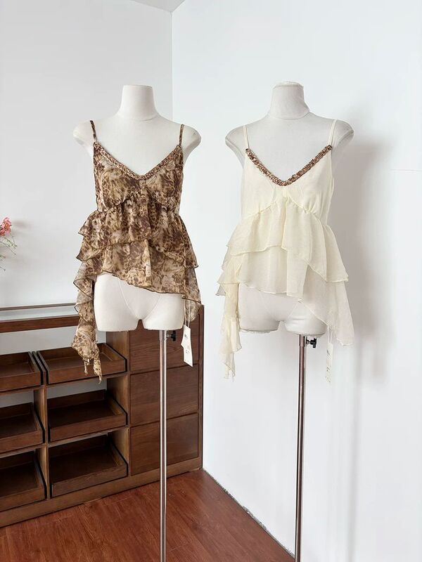 Vintage Leopard Print V-Neck Camisole for Women, Summer French Style with Ruffled Ribbon Design, Irregular Spicy Girl Top