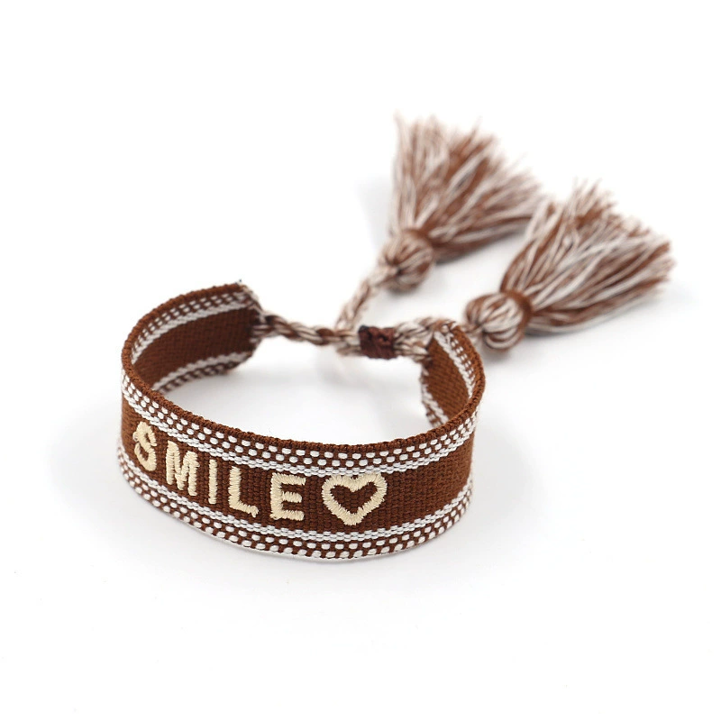 handmade woven bracelet, polyester, embroidered letters with tassels, adjustable (love)