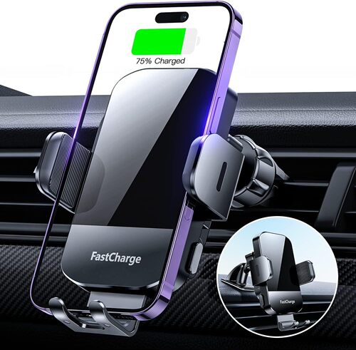 Car Phone Mount 15W Wireless Charger Tri-Axis Swivel Automatic Clamping Metal Arm Holder