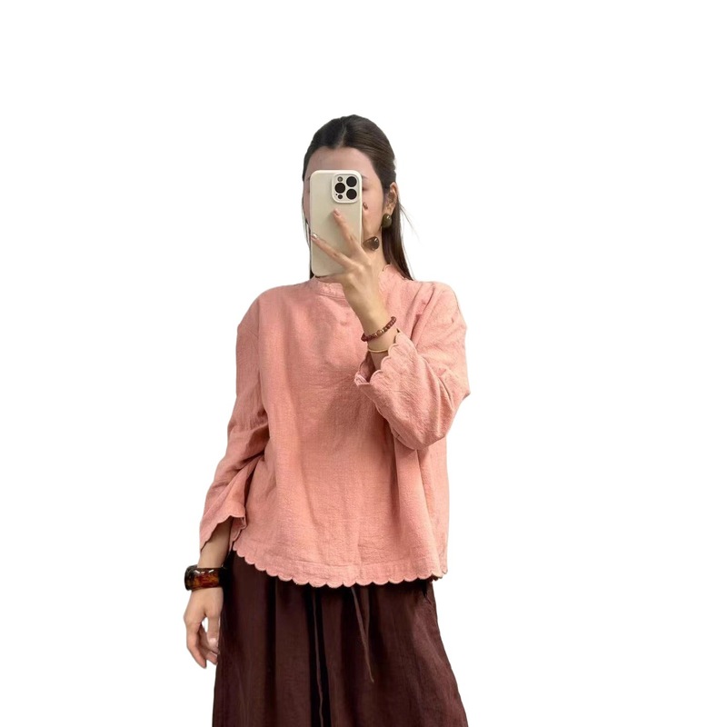 新品亚麻文艺风做旧花边休闲宽松百搭休闲女衬衫上衣|undefined