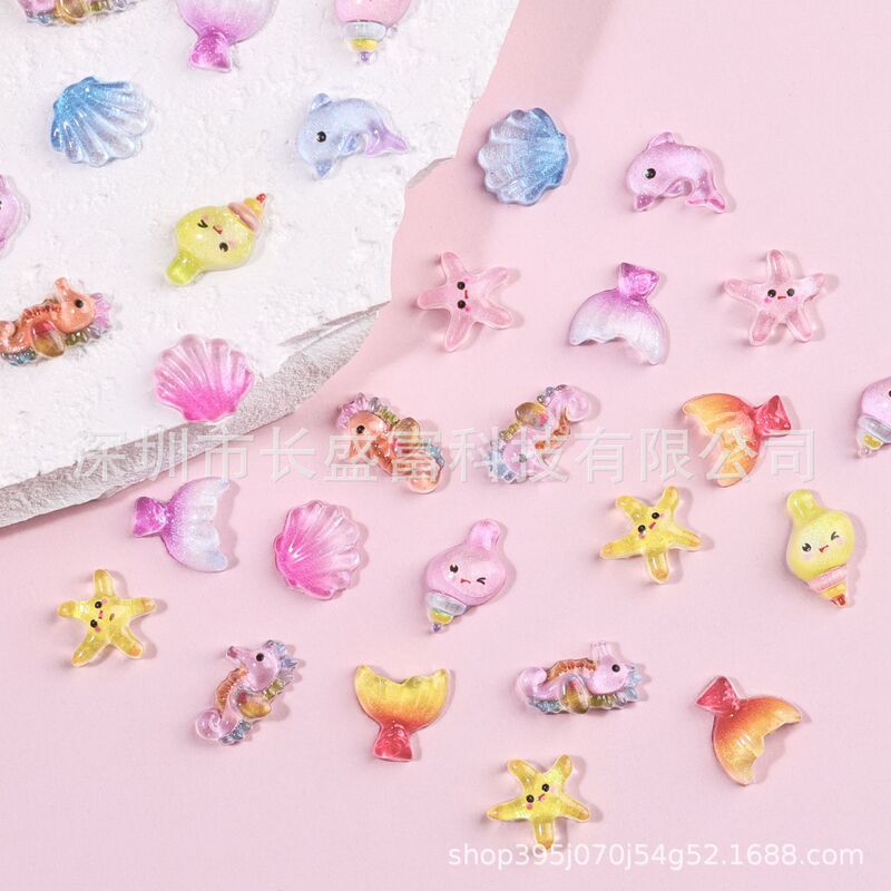 Cross-Border Luminous Cartoon Nail Art Accessories Fine Glitter Dolphin Fish Tail Starfish Shell Cute Marine Life Resin Accessories