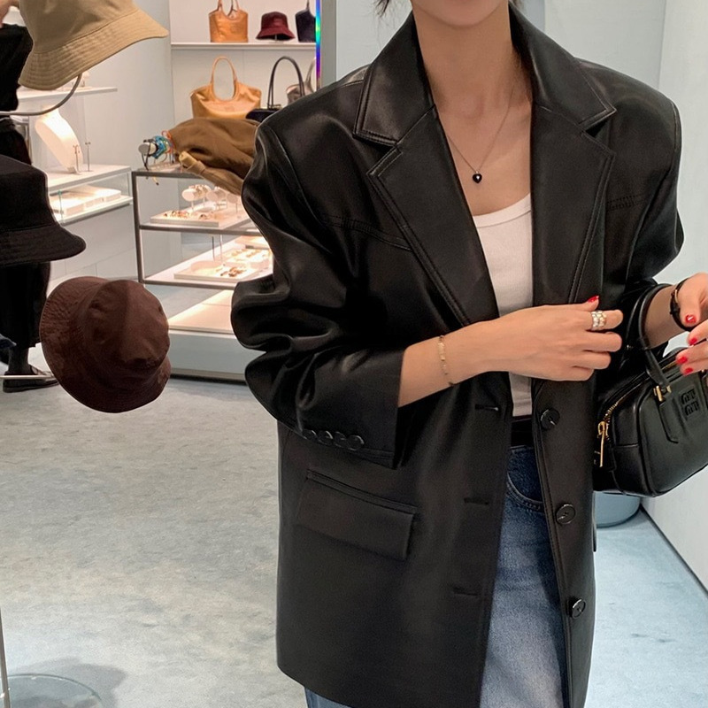South Korea Women's Tall Leather Suit Jacket Women's PU Leather Casual Street Suit