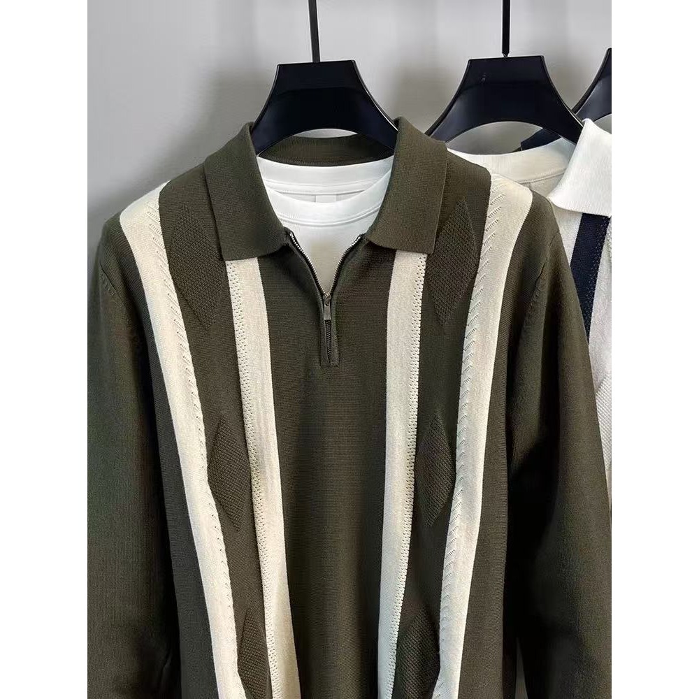 Men’s Half-zip Striped Knitted Polo Shirt Warm Autumn Winter Top_voghion.com