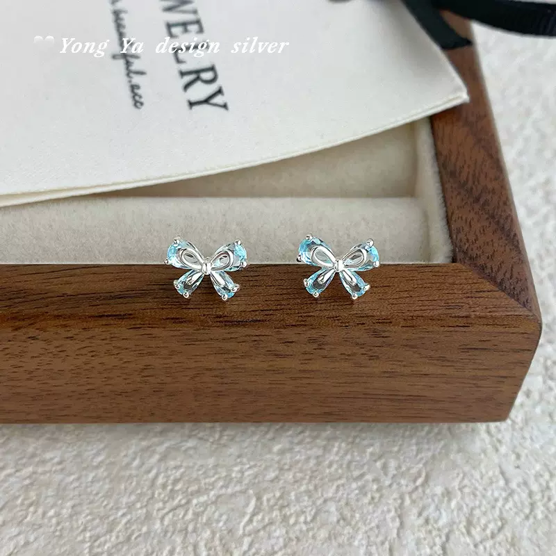 S925纯银蝴蝶结耳钉韩风气质小众设计轻奢简约日常通勤耳饰代发