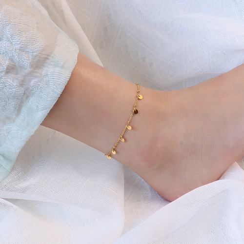 European and American Instagram-style jewelry leg chain round pendant tassel anklet titanium steel 18k gold foot jewelry beach accessory S113