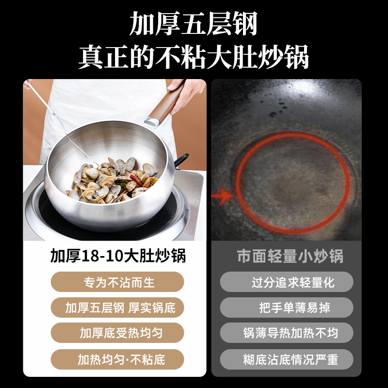 18-10 Olla de barriga grande de acero inoxidable Olla antiadherente sin recubrimiento doméstica Olla de cocción de fondo plano para cocina de inducción de aire frito doméstico