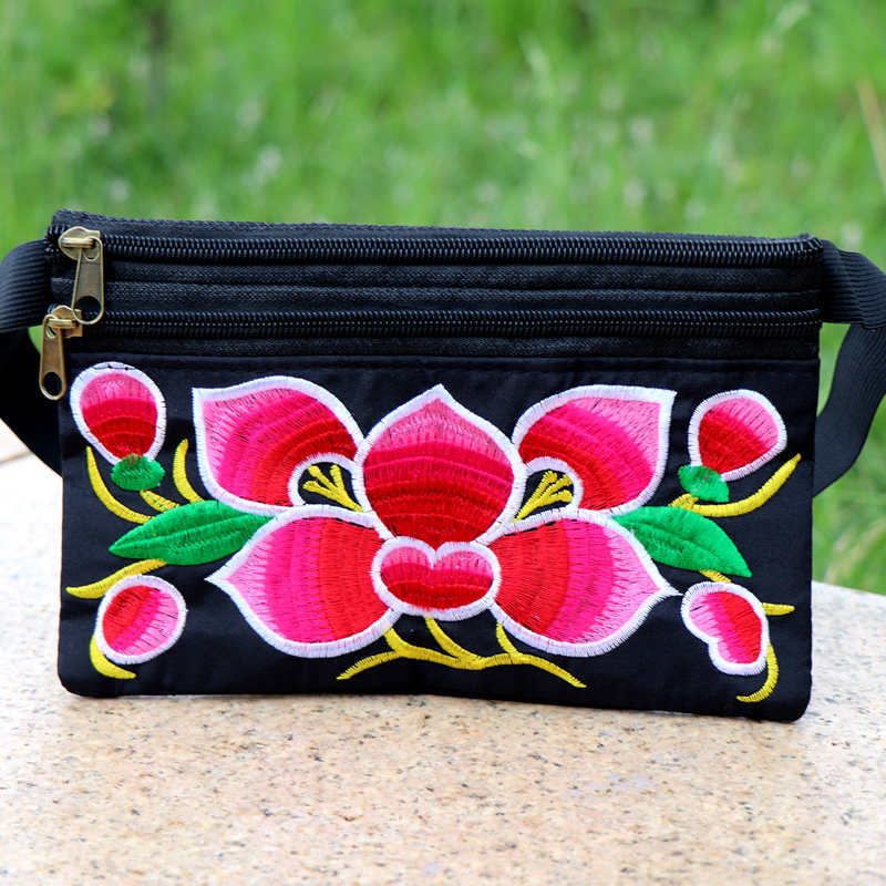 雲南民族風繡花跑步運動刺繡復古腰包小巧薄款隱形隨身老年手機袋