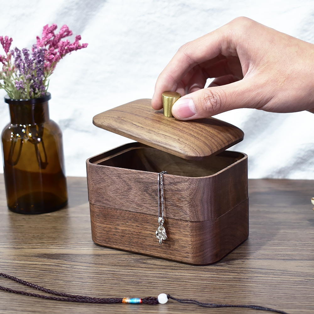 牙线盒防尘桌面收纳盒盘黑胡桃木化妆品首饰收纳盒耳钉项链盒