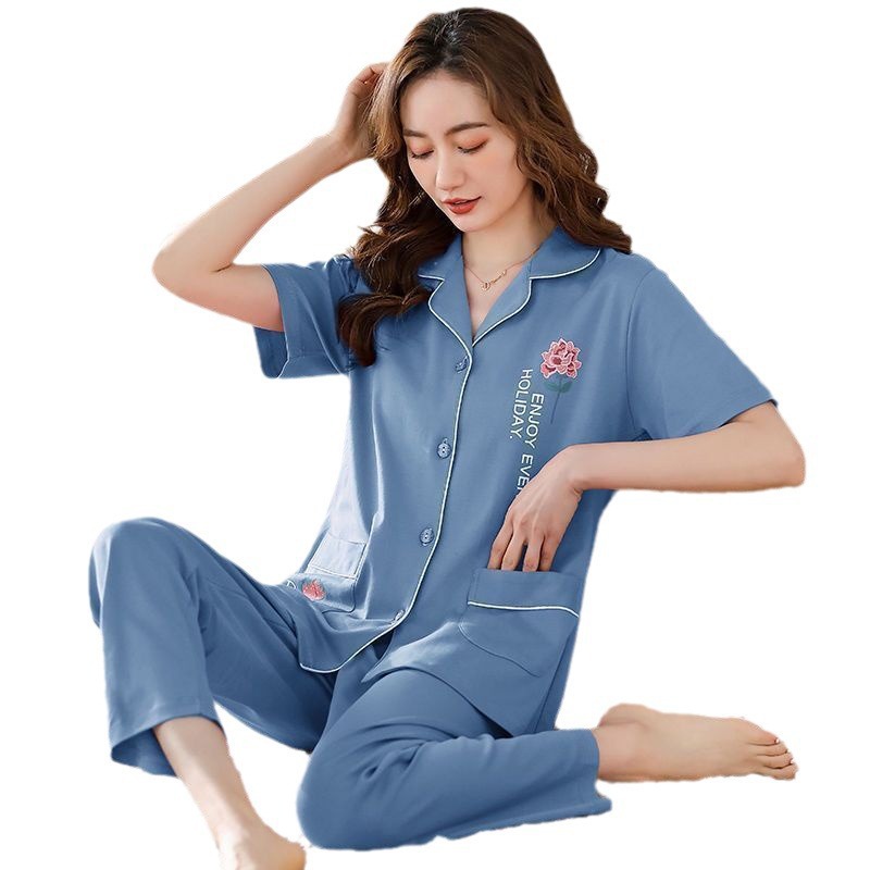 Pajamas de algodón para mujeres verano delgado pantalones de manga corta 2023 nuevo cardigán de verano conjunto de ropa para el hogar