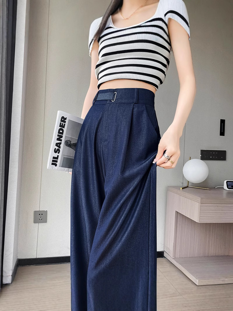 Quần jean nữ ống rộng cạp cao chất liệu mát lạnh — màu xanh đậm