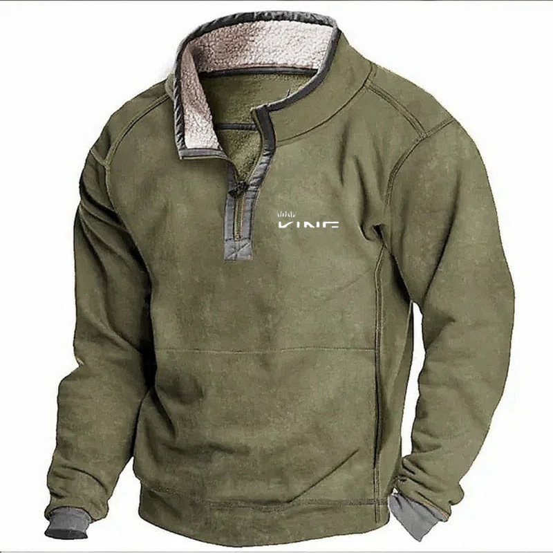 [Must-Have for Autumn and Winter] Men's Half-Zip Stand Collar Velvet Sweatshirt Outdoor Warm Vinf Letter Trendy Casual Wear