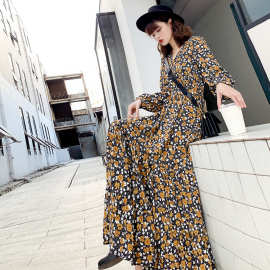 雪纺中长连衣长袖衣裙新款碎花雪纺秋冬装裙女中长款碎花韩版浪漫