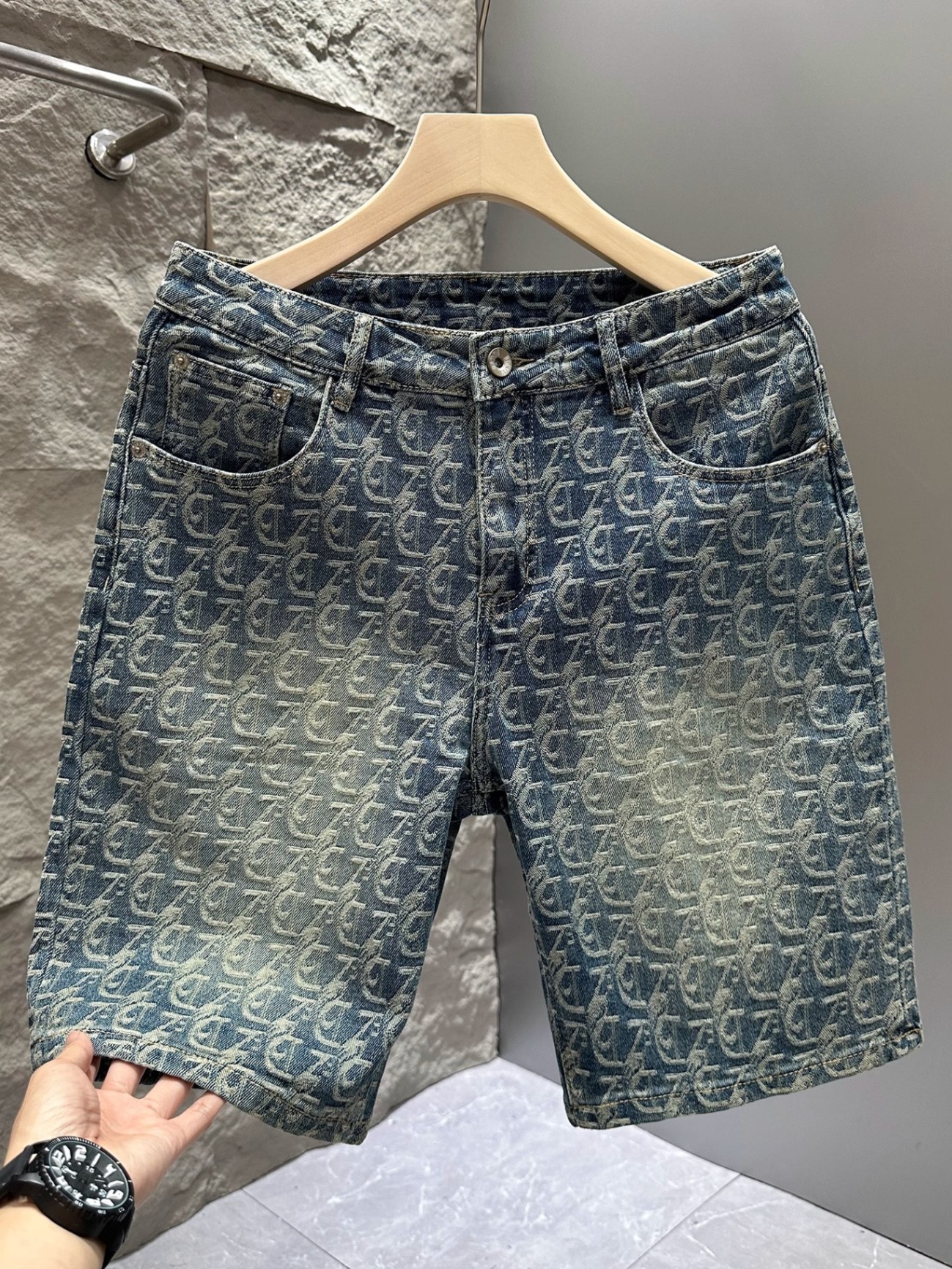Men's Retro Jacquard Denim Shorts Summer Design Washed Five Point High Street Cool Stylish Athletic Pants_mkmklike.com