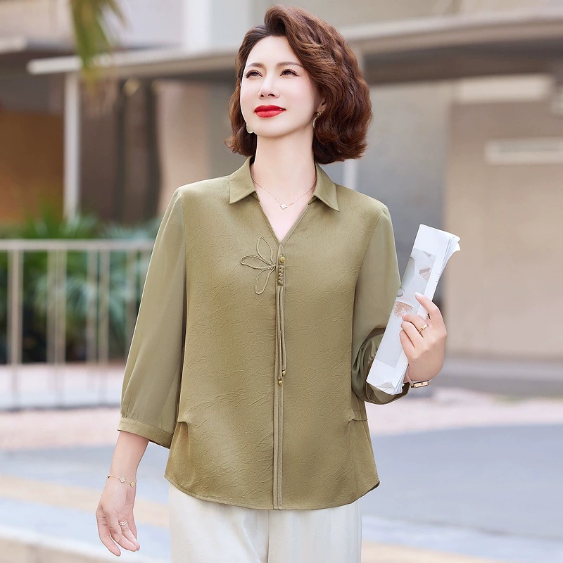 Новая китайская рубашка Мама Летняя рубашка Иностранная рубашка 2025 Среднее и старое лето футболка с длинными рукавами