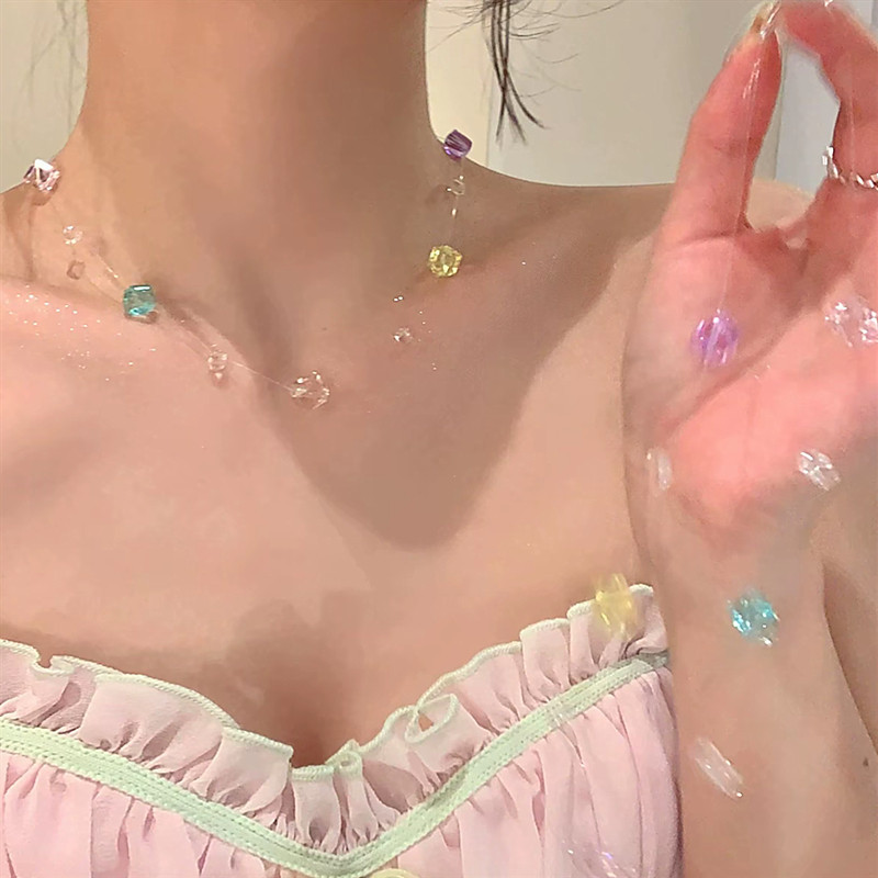 Colorful Dopamine Beaded Crystal Fishing Line Necklace, Versatile Summer Accessory, Simple Clavicle Chain, Fresh, Fashionable, and Sweet Accessory