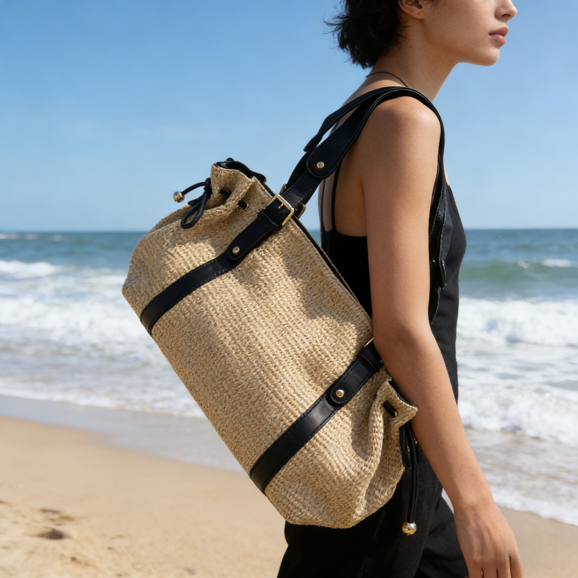 Pleated Cloud Shoulder Bag For Women, Baguette Crossbody Bag, Seaside Vacation Style Casual Underarm Dumpling Bag, Straw Woven - Thumbnail 3