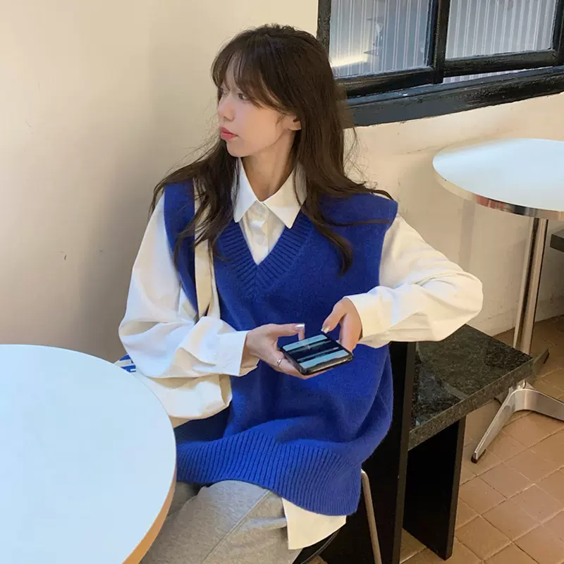 克莱因蓝纯色毛衣马甲背心针织外套女装秋冬2025新款外搭v领上衣
