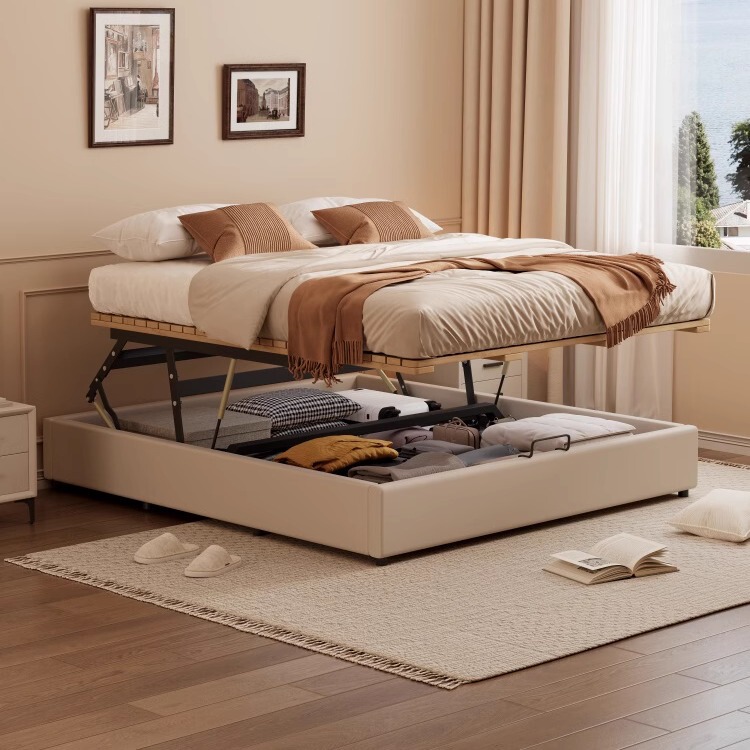 Tatami Solid Wood Bed with Slatted Frame, No Headboard, Sliding Air-Pressure High-Box Storage Bed, Small Apartment Storage Box Bed