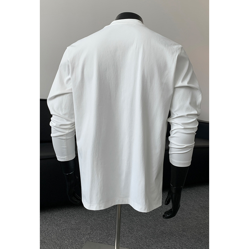 White Small Neckline Regular Shoulder Sweatshirt For Men, Autumn Cleanfit, Wide Shoulder, Long Sleeve T-Shirt, American_voghion.com
