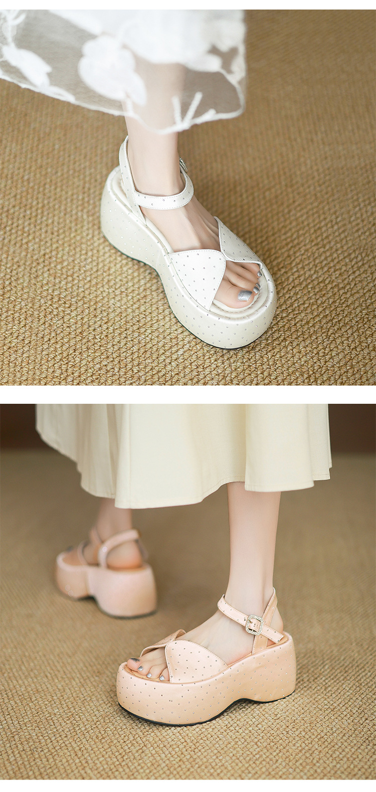 Sandal cao gót nữ đế dày hở mũi kiểu Pháp đính đá phong cách thơm nhỏ quai ngang La Mã gót nhọn — Màu đen, Màu trắng be, Màu mơ chi tiết 12