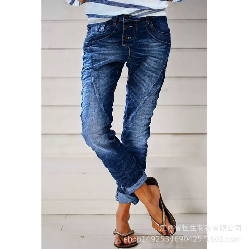 2022 New Product Cross-Border European and American Ripped Denim Drawstring Elastic Waist Washed Casual Pants for Women Trendy
