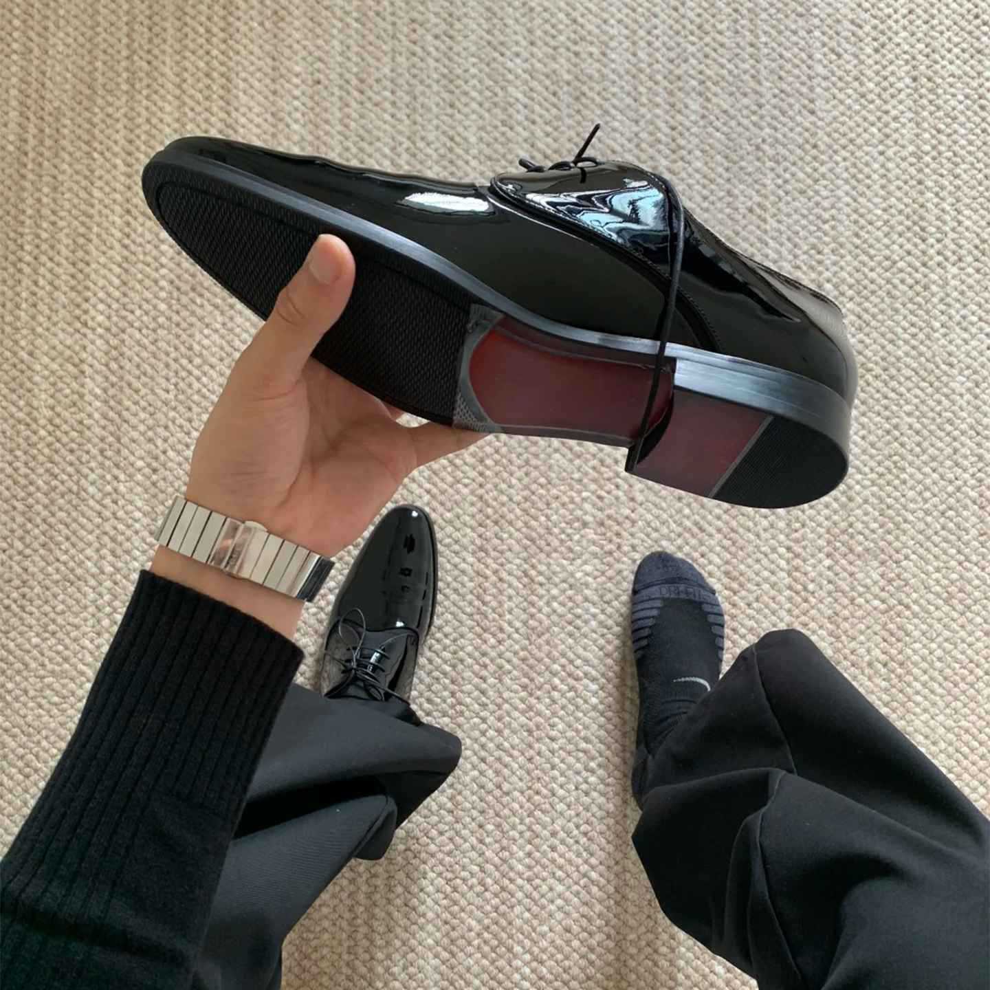 Cl Red-Soled Leather Shoes for Men, Old Money Style, Wrinkled Minimalist Thin-Soled Casual Business Formal Commuting Pointed-Toe Derby Shoes