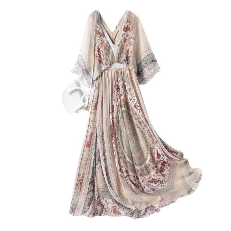 European Station Silk Mulberry Silk Dress V-Neck Printed Stylized Elegant Holiday Dress Single 11013 European Station Silk Mulberry Silk Dress V-Neck Printed Stylized Elegant Holiday Dress Single 11013