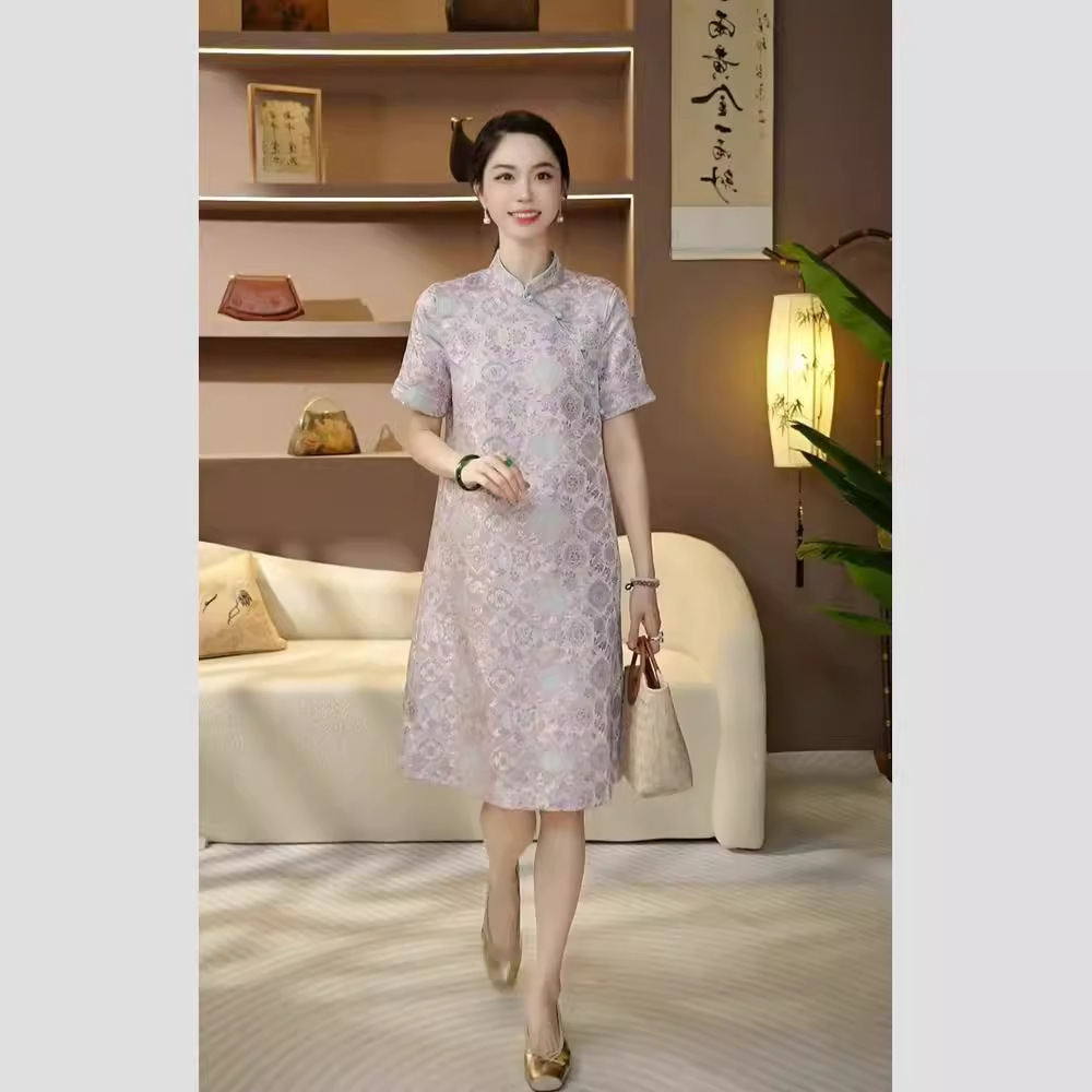 Đầm maxi nữ thắt eo phong cách Trung Quốc mới, chất liệu Song thổ cao cấp, tay ngắn, cổ cao, dáng suông nhẹ — Màu tím