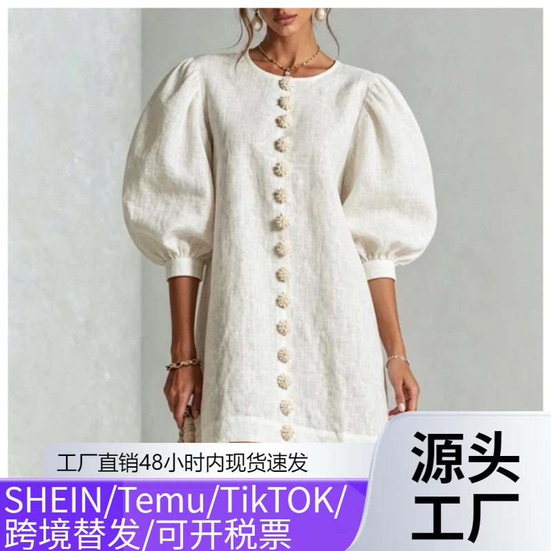 Cross-border new fashion versatile lantern sleeve cotton and linen dress with a round neck, single-breasted design, loose fit, and a vacation style Cross-border new fashion versatile lantern sleeve cotton and linen dress with a round neck, single-breasted design, loose fit, and a vacation style