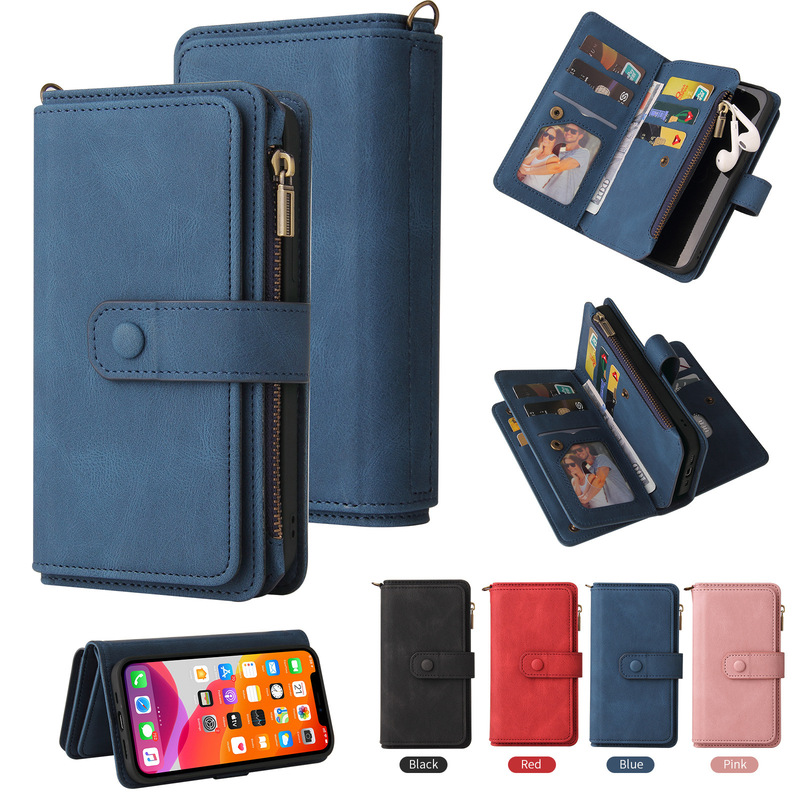 For Samsung s25 mobile phone case skin feeling A17 zipper 15 card leather case OPPOReno8 wallet S24 mobile phone case