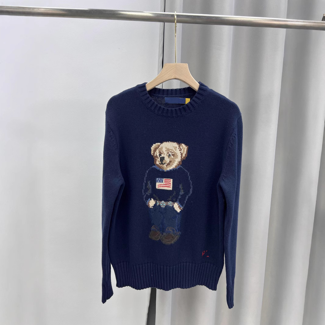 Pony Autumn and Winter New Classic Embroidered National Flag Bear Round Neck Pullover Knitwear Versatile Knitwear Top Women's Fashion