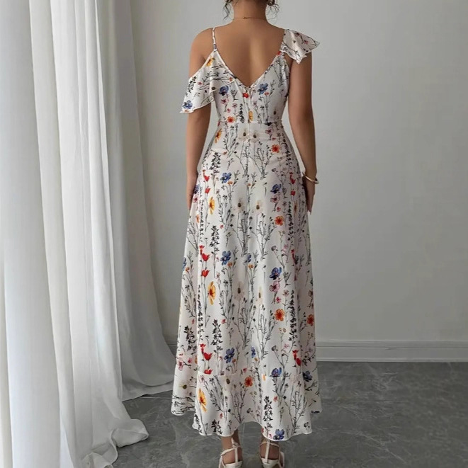 Women's Clothing Floral Print Sundress Irregular Slit Slim Waist Vacation Style Long Dress Fairy Beach Photos Dress For Women_ecoleips.com