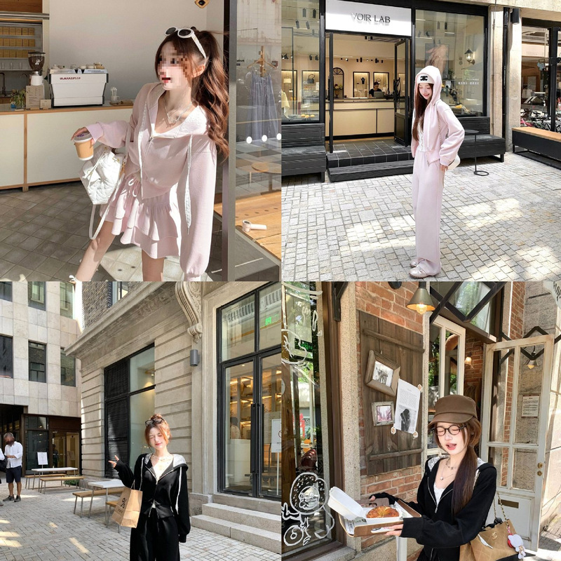 Q女家登机套装/蕾丝卫衣连帽外套卫裤半裙套装巨好看的早秋一整套|undefined