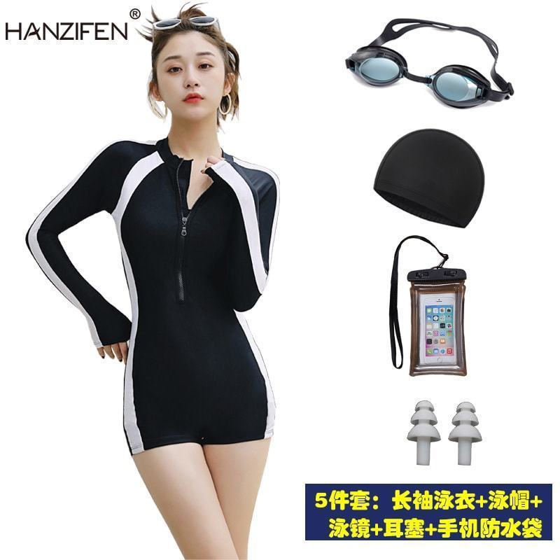Integrado trajes de baño de mangas largas para mujeres adultos entrenamiento profesional conservador trajes de baño de ángulo plano para mujeres trajes de baño comercio exterior