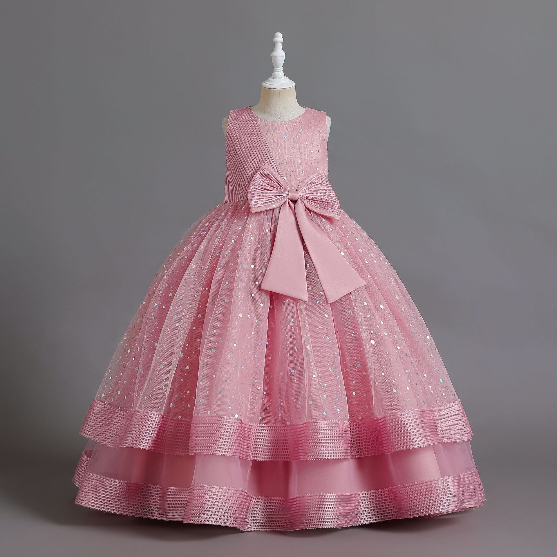 En stock al por mayor ropa para niños vestido de lunares para niños vestido de princesa arco grande vestido de niña de flores femenino vestido de niños de gama alta