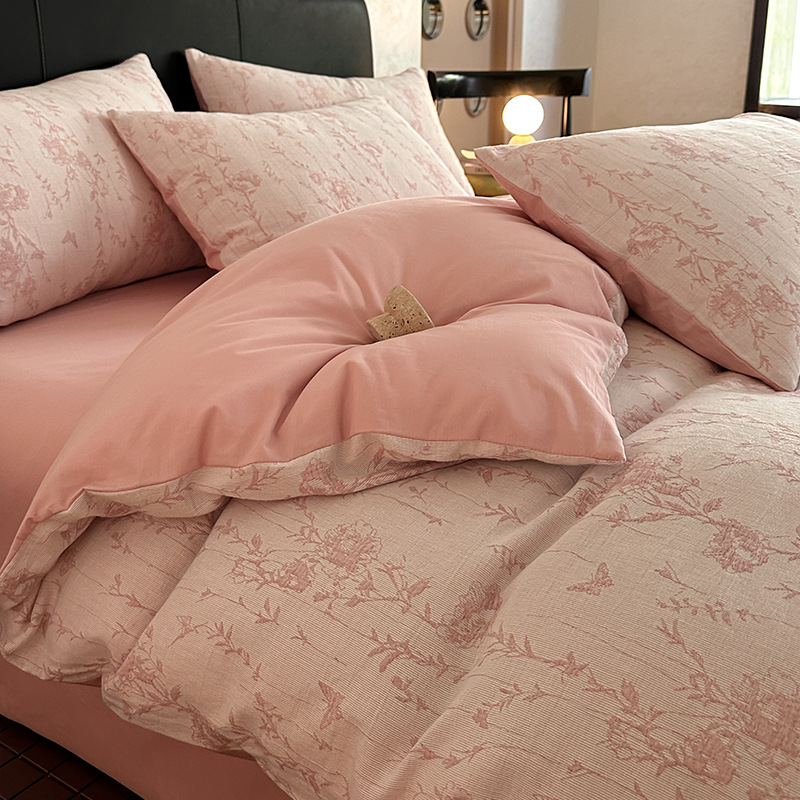 Cama de algodón de hilo de tres capas de lujo ligero de cuatro piezas de algodón puro 2024 nuevo hilo de doble capa simple funda de edredón de sábana