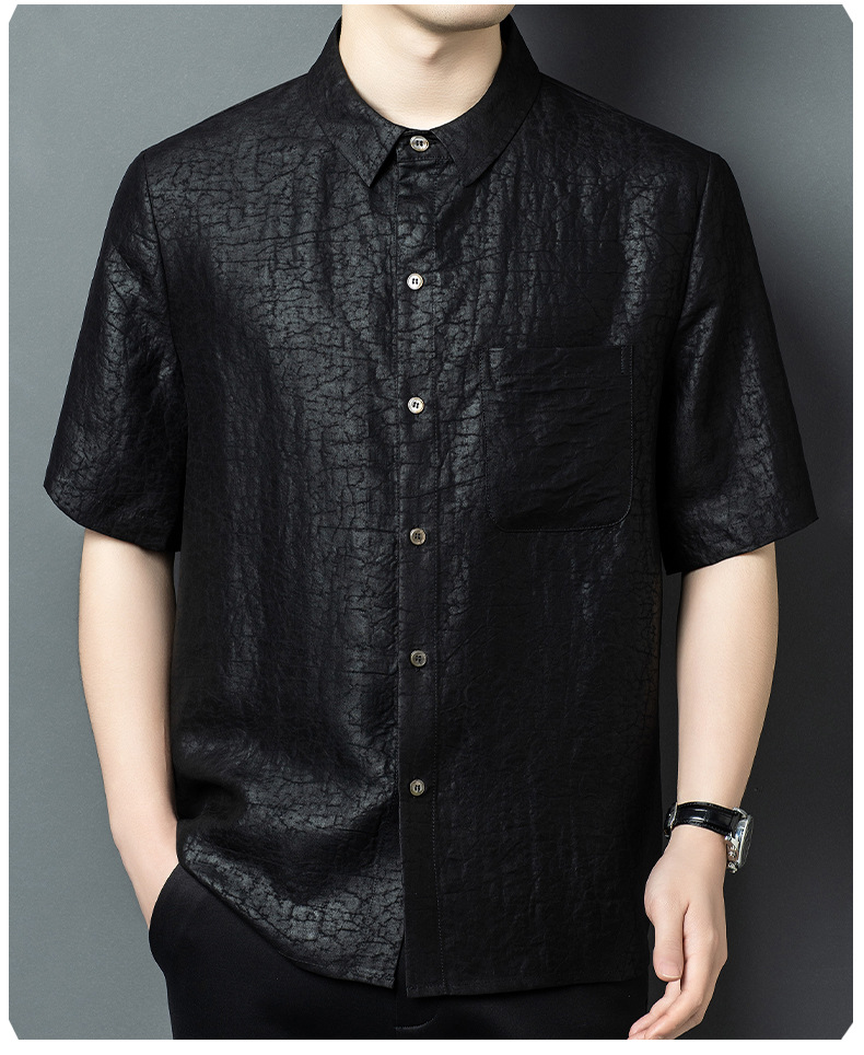 Áo sơ mi nam ngắn tay cổ bẻ chất liệu lụa tơ tằm cao cấp phong cách trung niên — Da đen H187009 chi tiết 12