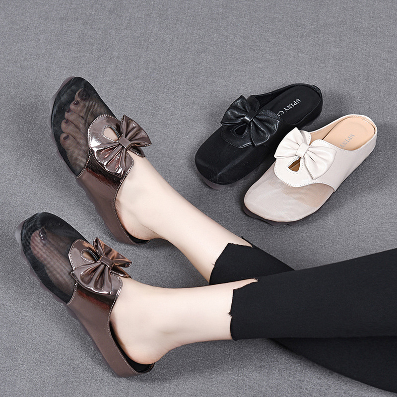 Dép sandal nữ bít mũi lưới thắt nơ da thật đế bằng mềm chống trượt — Màu đen
