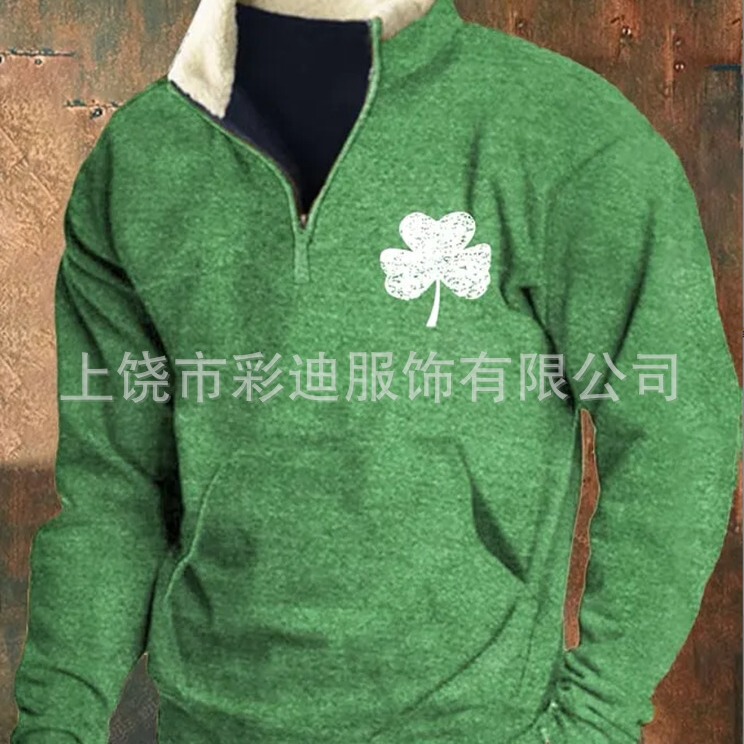 2024 foreign trade European and American new men's fleece-lined stand collar sweater 3D Irish Clover printed autumn and winter sweater