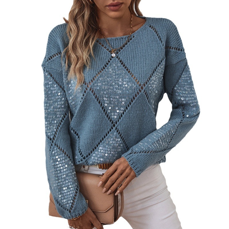 Fuzzy Rain Fashion Hollow Out Sequin Knitted Women, New Autumn Winter European And American Cross-Border Diamond Pattern_voghion.com