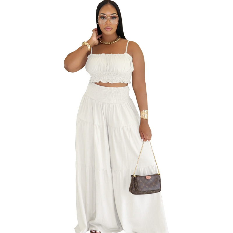 Women's Clothing Fashion Solid Color Suspender Top Plus Loose Wide Leg Pants Two Piece Set_voghion.com